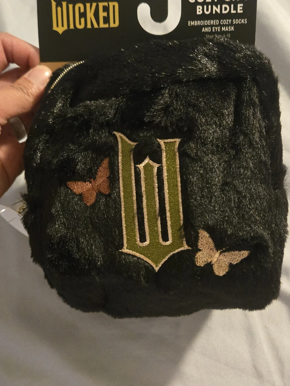Black Faux Fur Cosmetic Pouch with Embroidered Detail